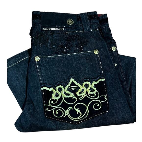Y2K Crown Holder Jeans Authentic Embroidered 34X33 Men's Hip Hop Jeans - Picture 1 of 10